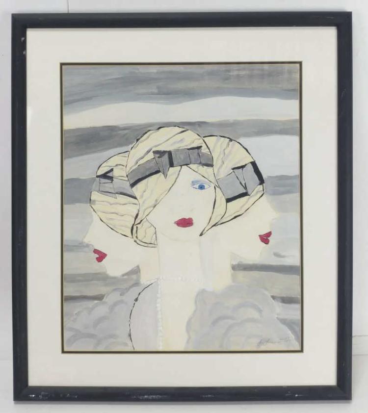 Funky art deco style female tribunal portrait watercolor by Lori Larsen. 1957