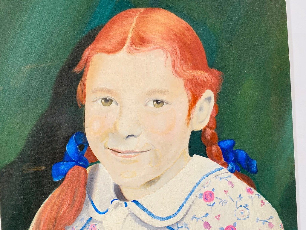 1946 Portrait Red Haired Girl Pigtails Artist Signed W Hopkins Vintage Painting