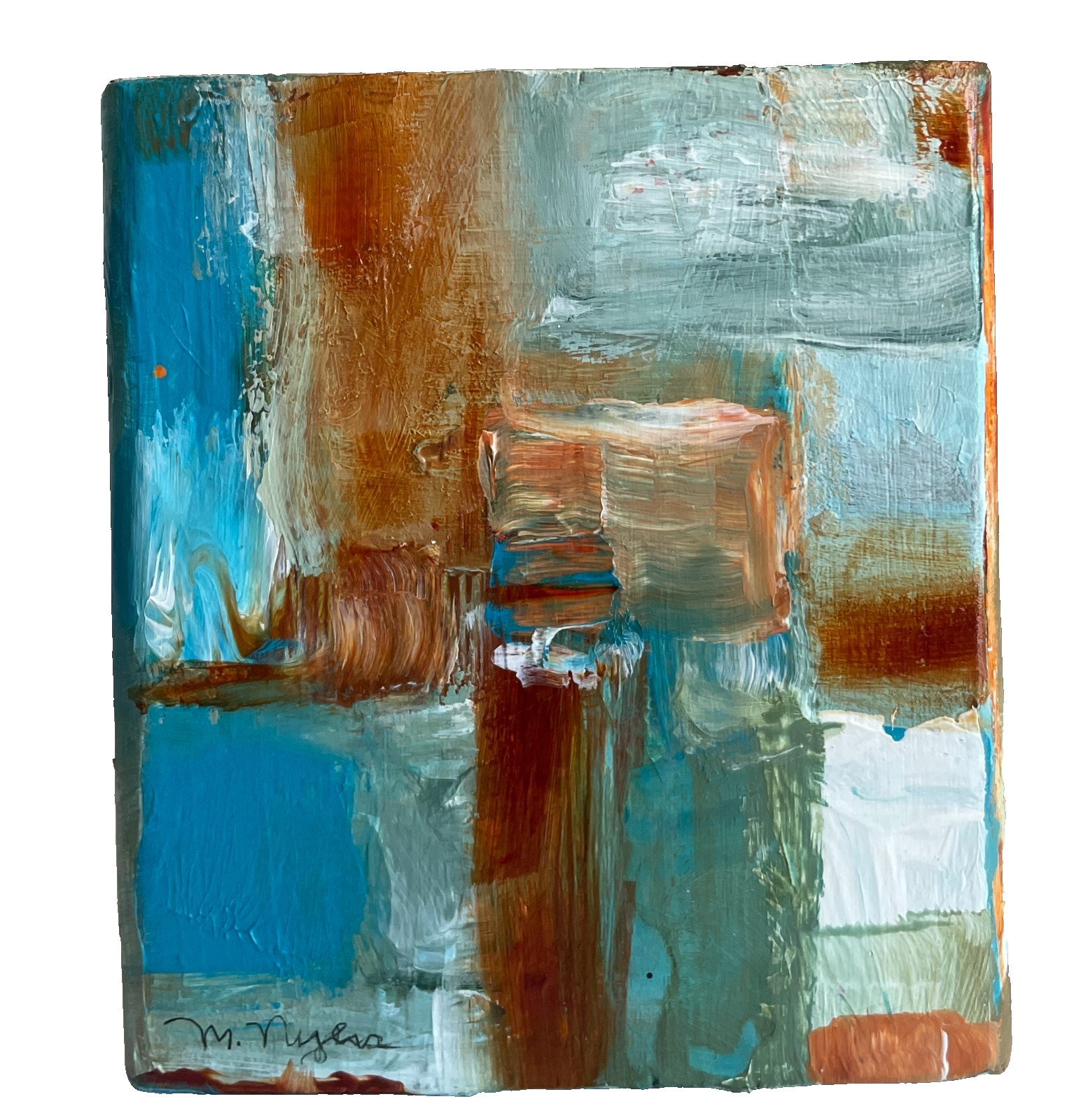 Mary Myers Original Art Block Blue Brown Abstract Reclaimed Wood