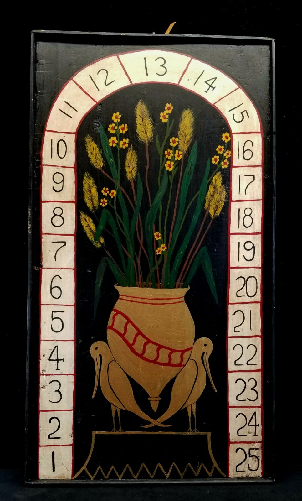 Atq Handpainted Pennsylvania Folk Art Flowers & Numbers On Board 28.25 x 14.5