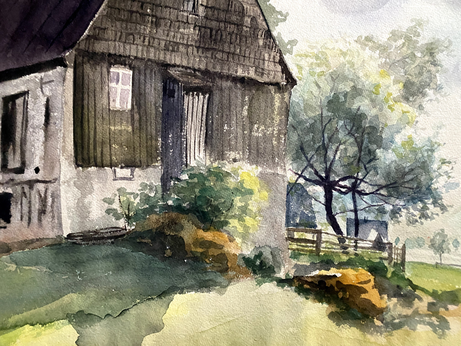 Watercolor/ Mixed Media Fields Trees Farmhouse Property Thuringia Barn