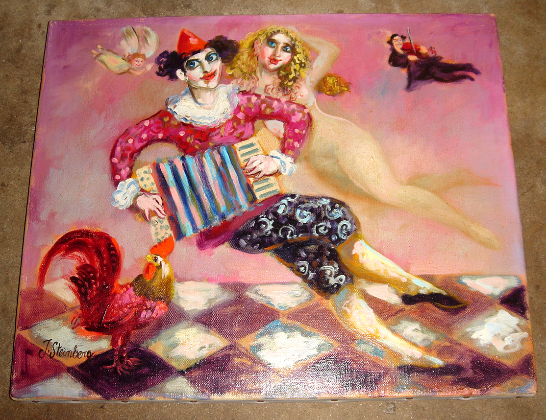 A Painting Signed J. Steinberg – Accordeonist and Nude Woman