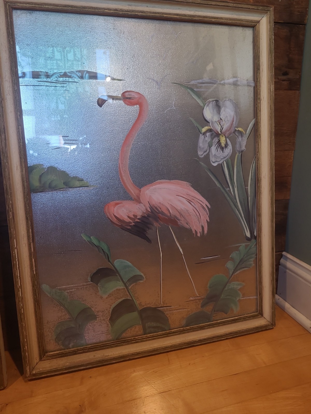 Vintage 1950s MCM Pair Flamingos Paintings On Silver Original 18×24 Frames