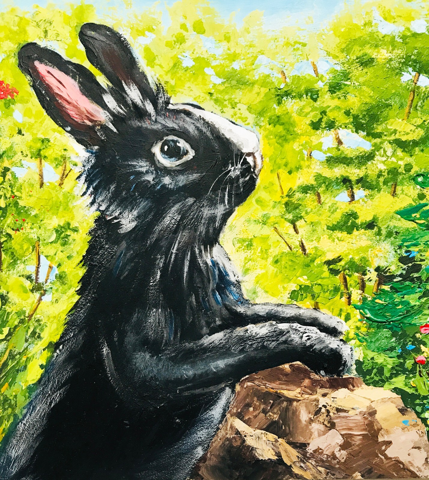 Original Art Rabbit Painting Easter Gift Black Bunny Lover Gift Figurine 9 x 12″