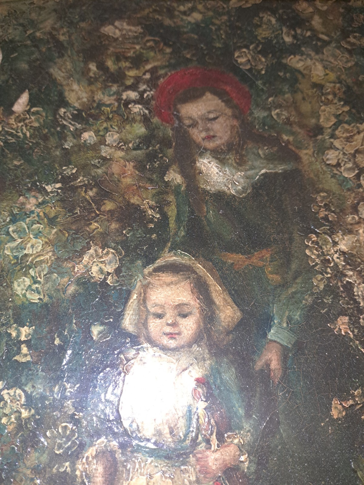 1800s Antique Oil Painting: Children in Garden, Protected Poly, Heirloom, Loved