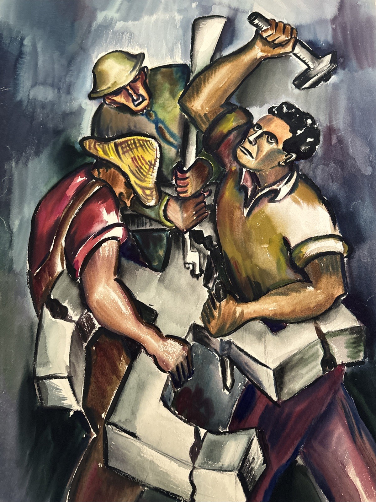 Antique Painting WW2 War Russia America WPA Sylvia Ludins Soviet Industrial NYC
