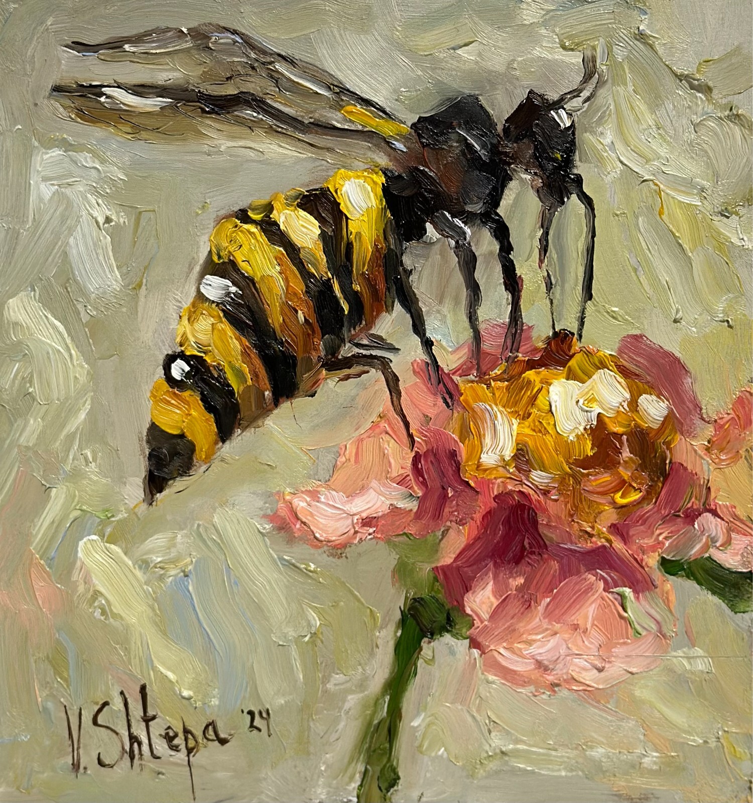 Original Painting Bumblebee Honey Bee Impasto Flower Oil Painting Signed Art