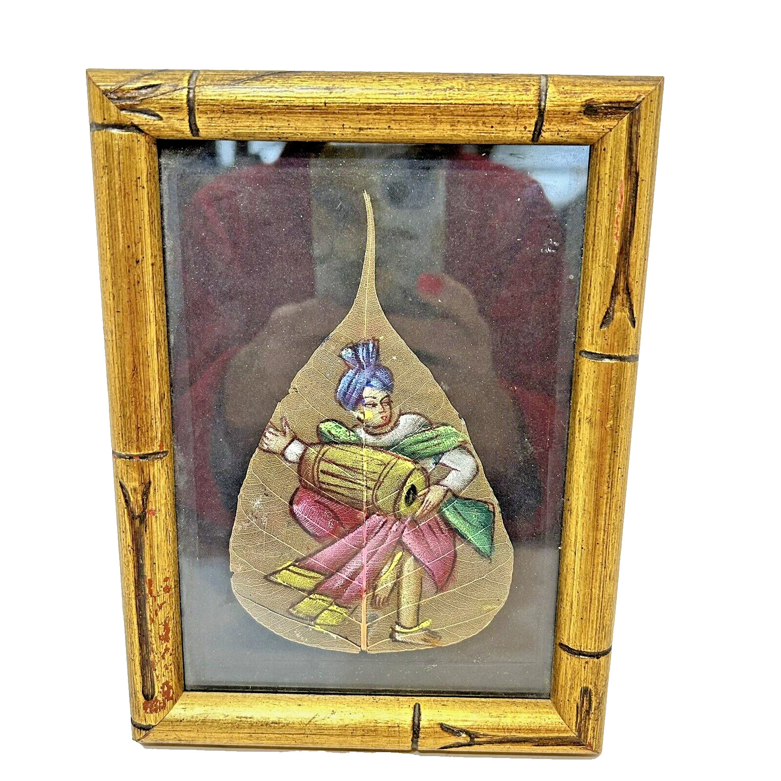 Vintage Delicate Hand Painted Asian Inspired on a Pipal Leaf Skeleton Framed 6×8