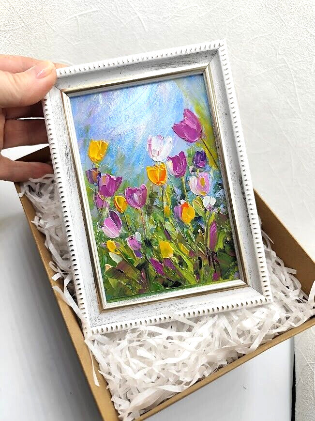 Original framed oil painting with signed flowers Spring Tulips Impasto flowers