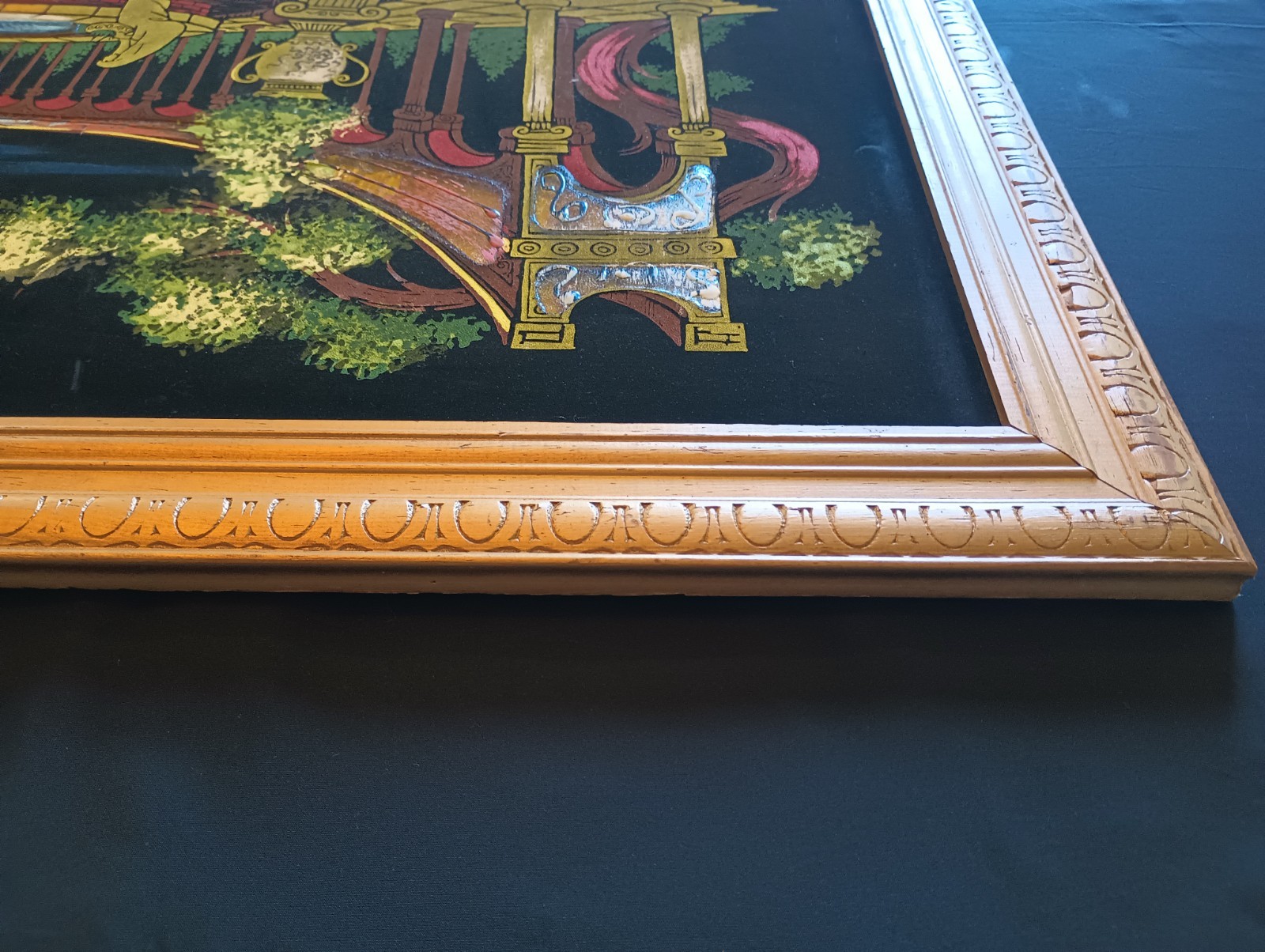 MCM Ashbrook Studios Roman Garden LIGHTED Velvet Oil Painting 23 X 45 Framed VTG