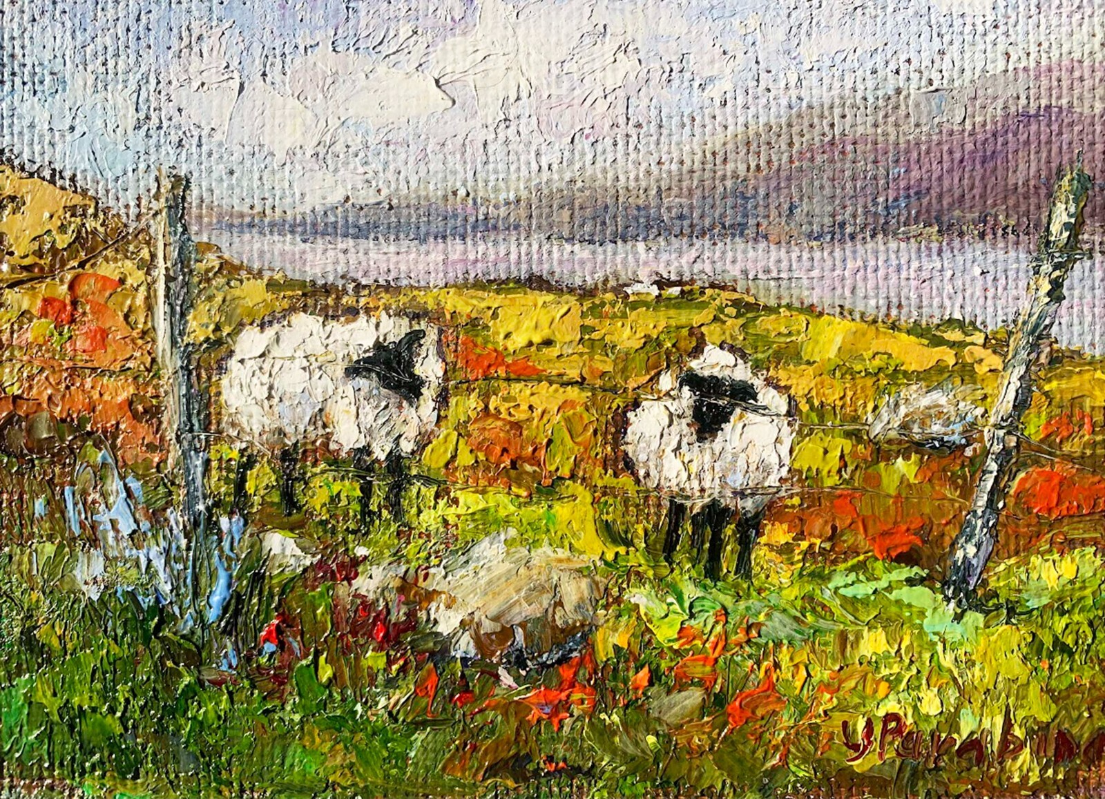 Original Oil painting Impasto Sheep painting.Farm animals.Rustic landscape with