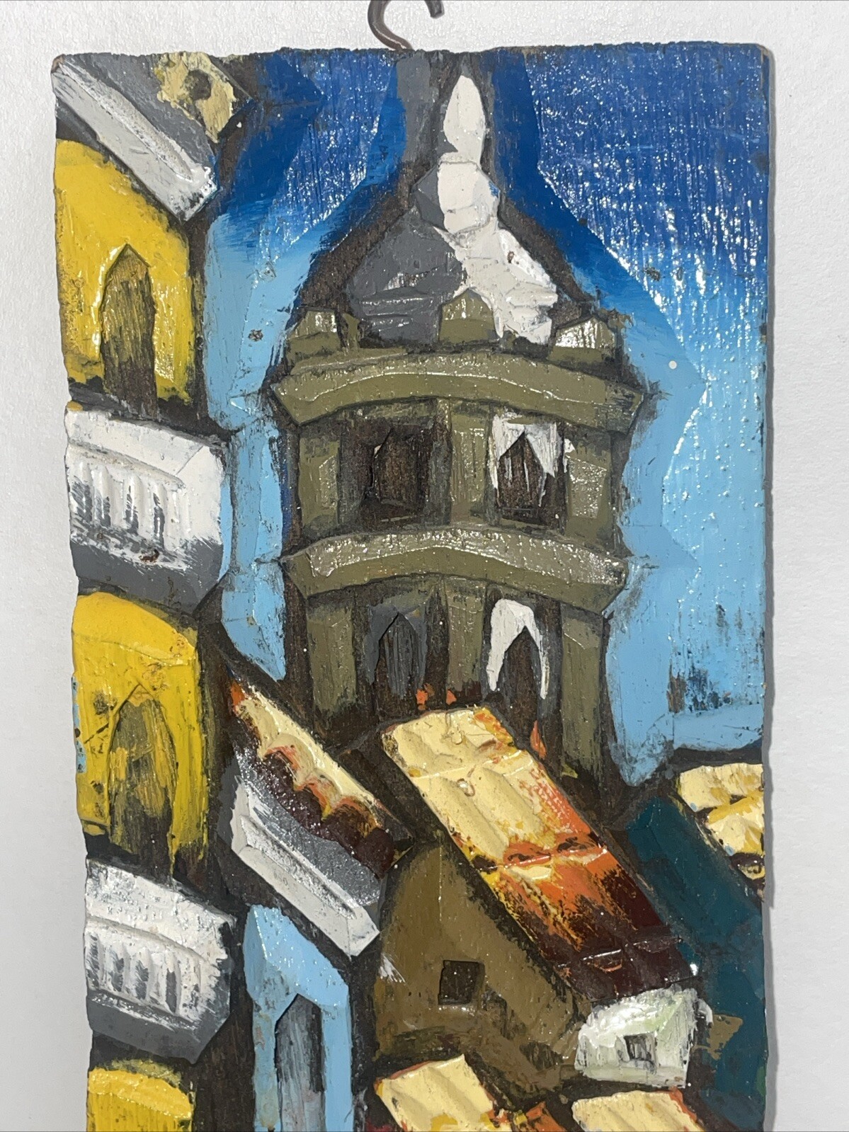 Rustic Painting Representing Houses With Perfect Carving And Polychromy 10×3.75”