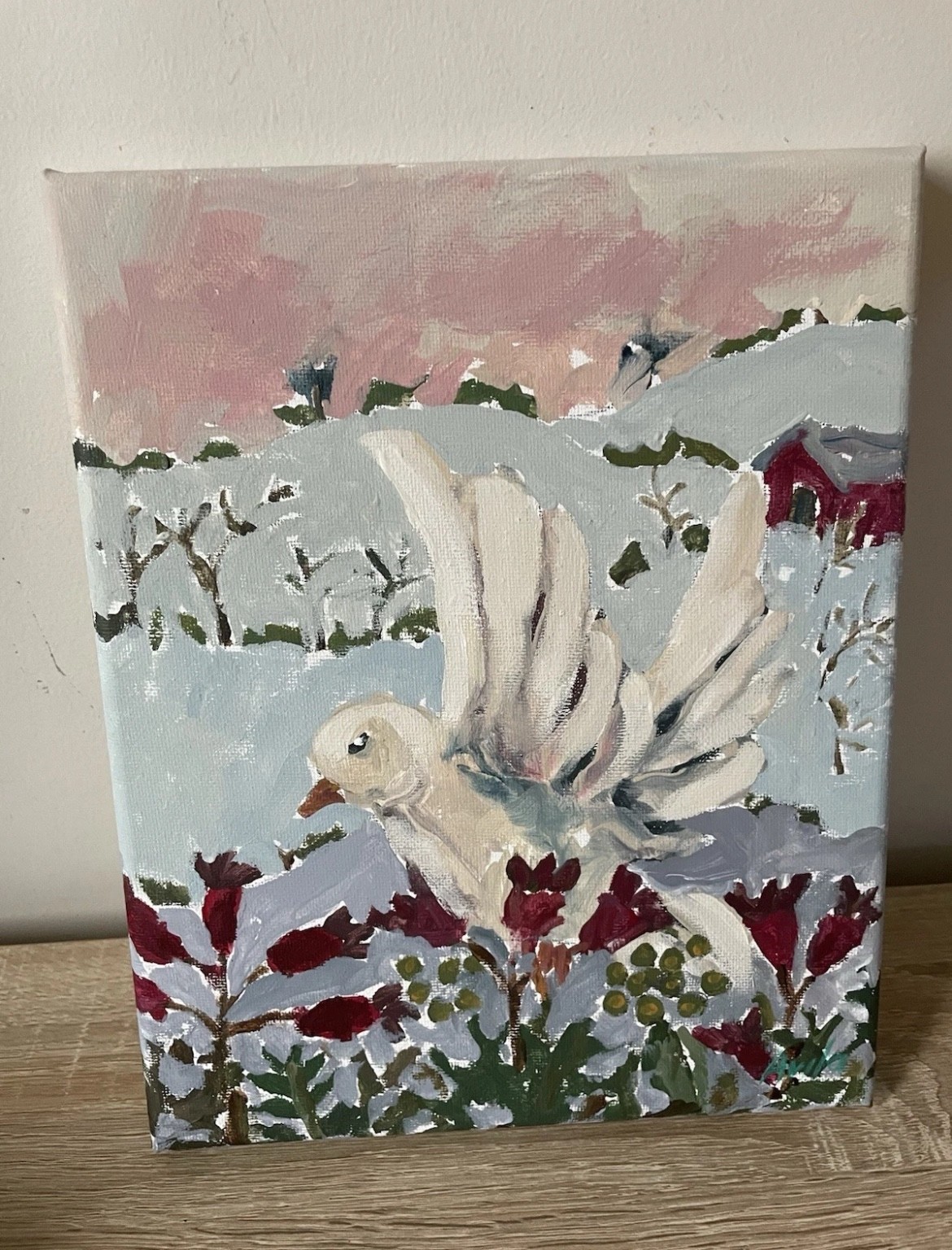 Original 8×10 Painting , Winter Art ,Christmas Art , Dove Art, Maria Avila