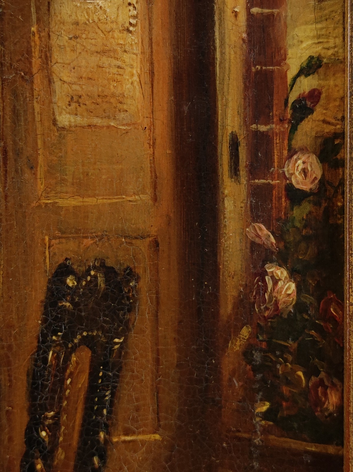 ANTIQUE 19TH C. INTERIOR GENRE SCHOOL OIL PAINTING ON CANVAS, «SUNDAY EVENING».