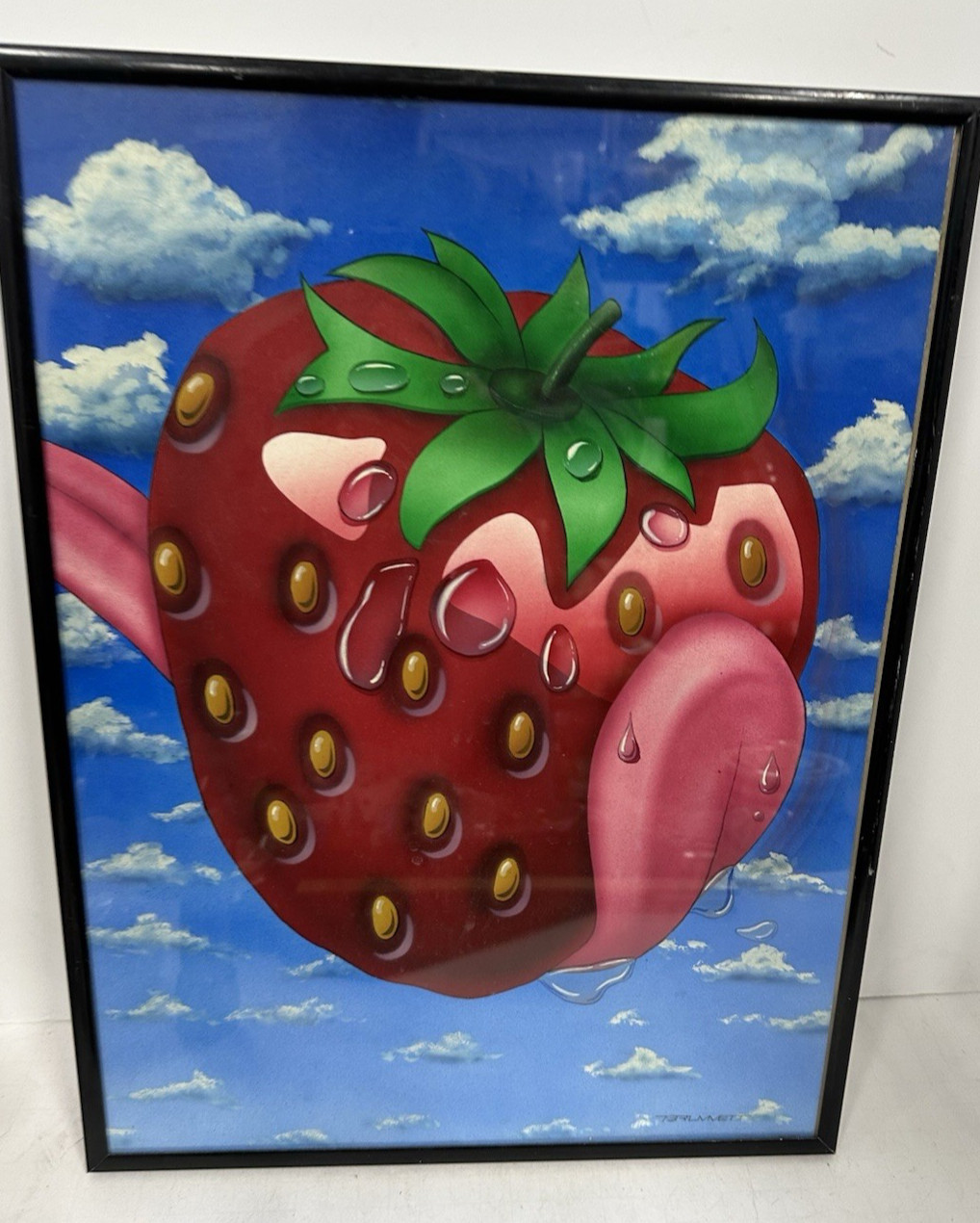 Strawberry Pop Art Painting Tongue licking strawberry cloud sky Signed 80’s Styl