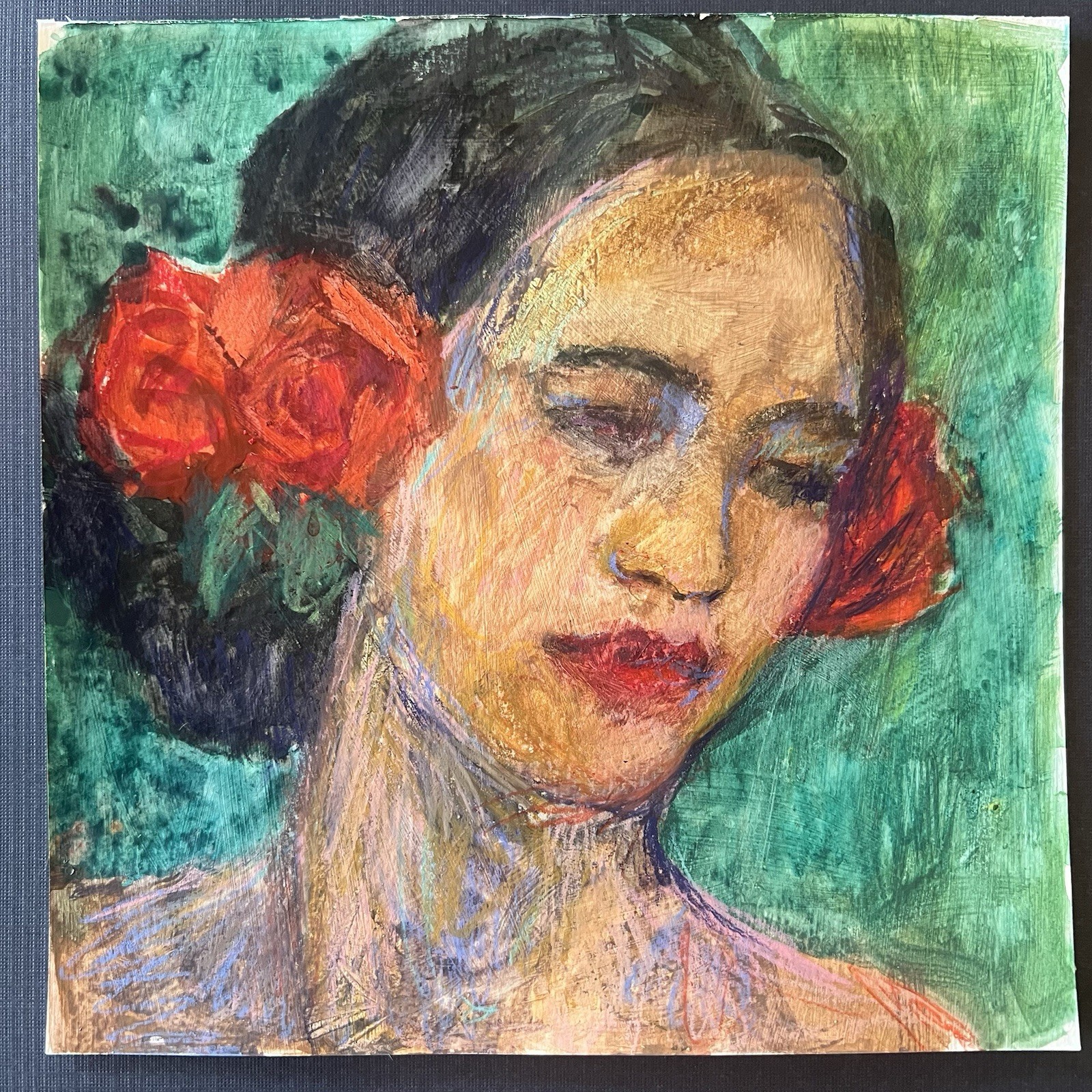 Impressionist Portrait Woman With Red Roses Green Square Romantic Contemporary