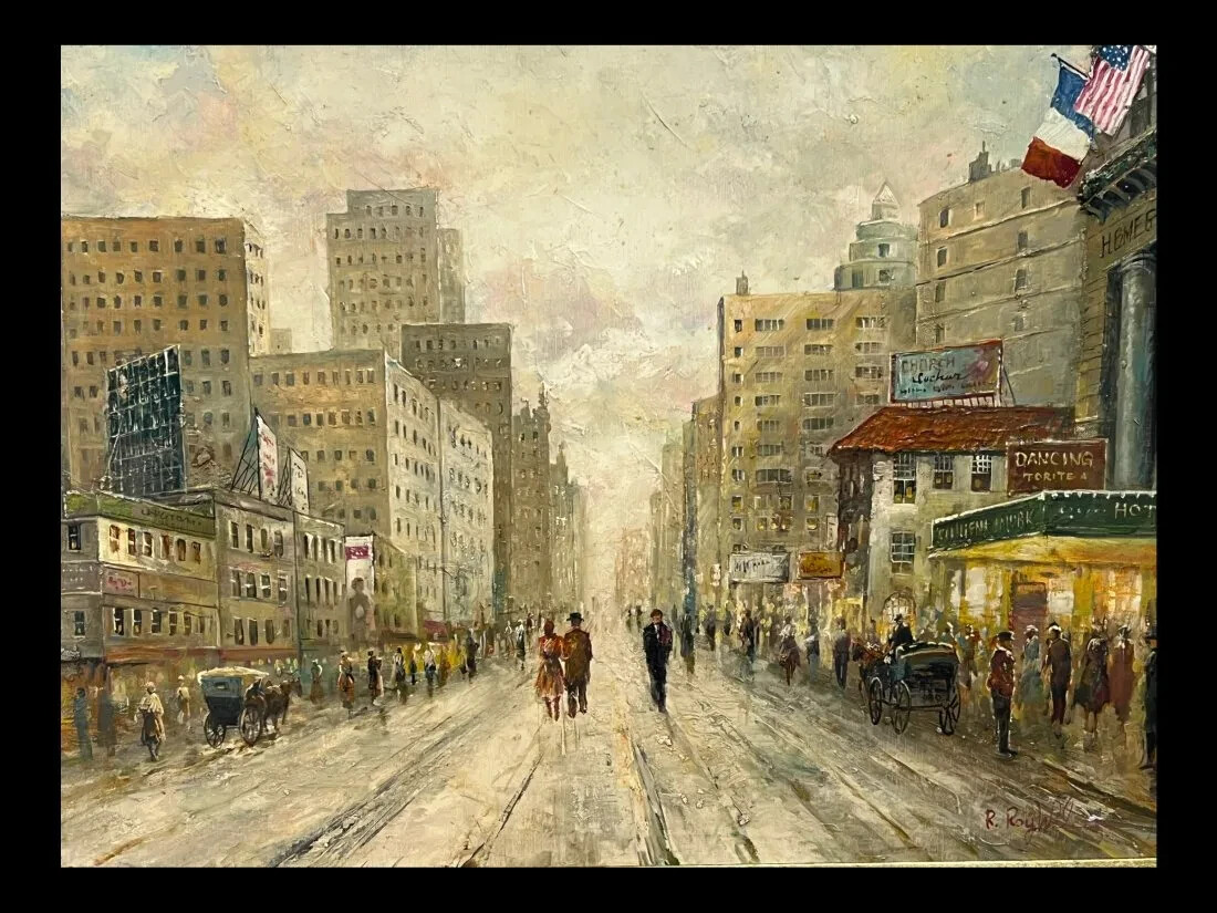 R. Roy Wilson Framed Cityscape City Street Oil Painting on Canvas