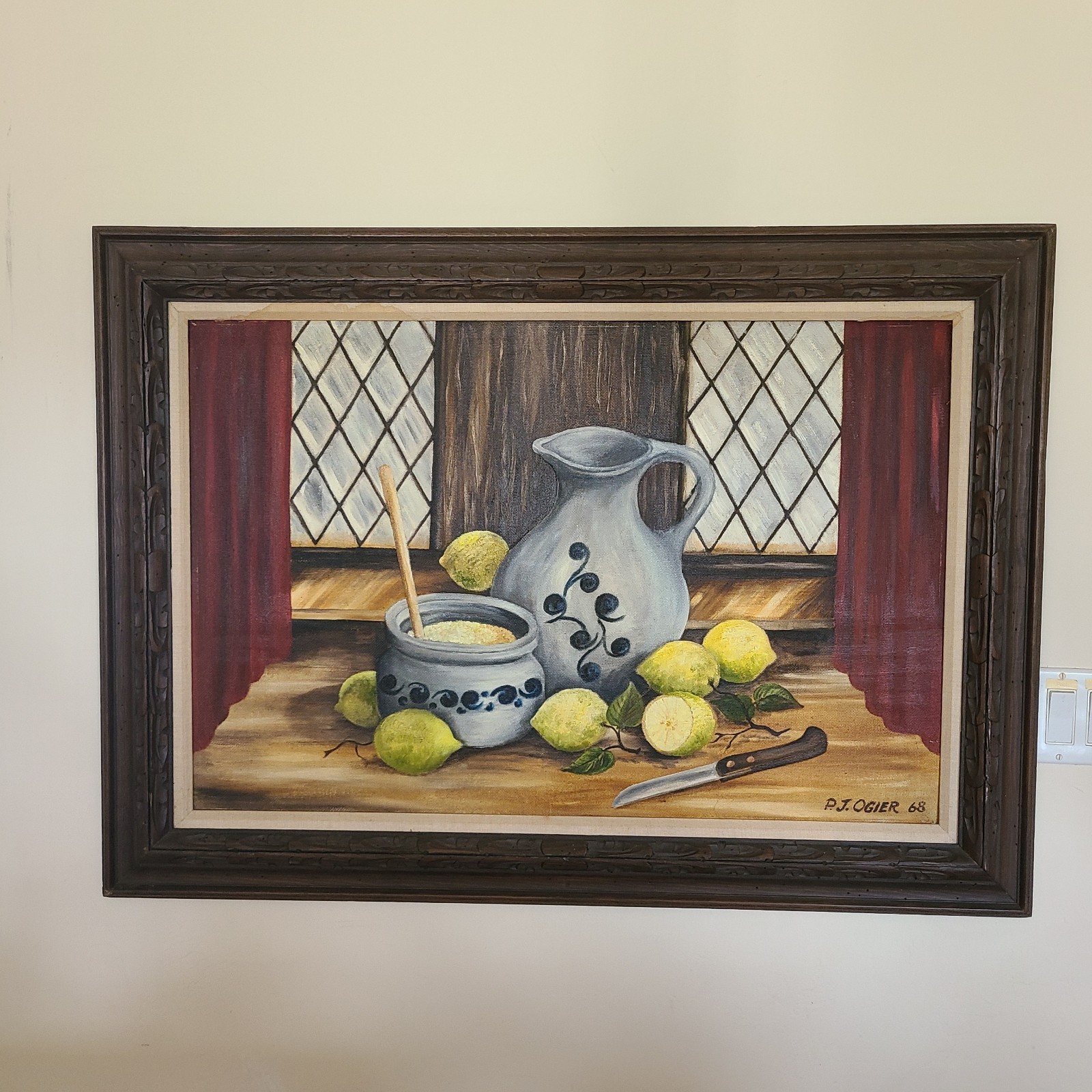 P.J. Ogier «Lemons» Still Painting Oil on Board Coombabah Australia 44″X32″ 1968