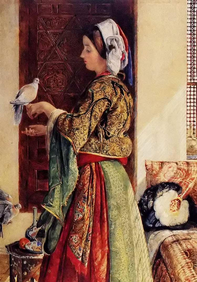 Ｏｉｌ　ｐａｉｎｔｉｎｇ John Frederick Lewis – girl with two caged doves free shipping cost