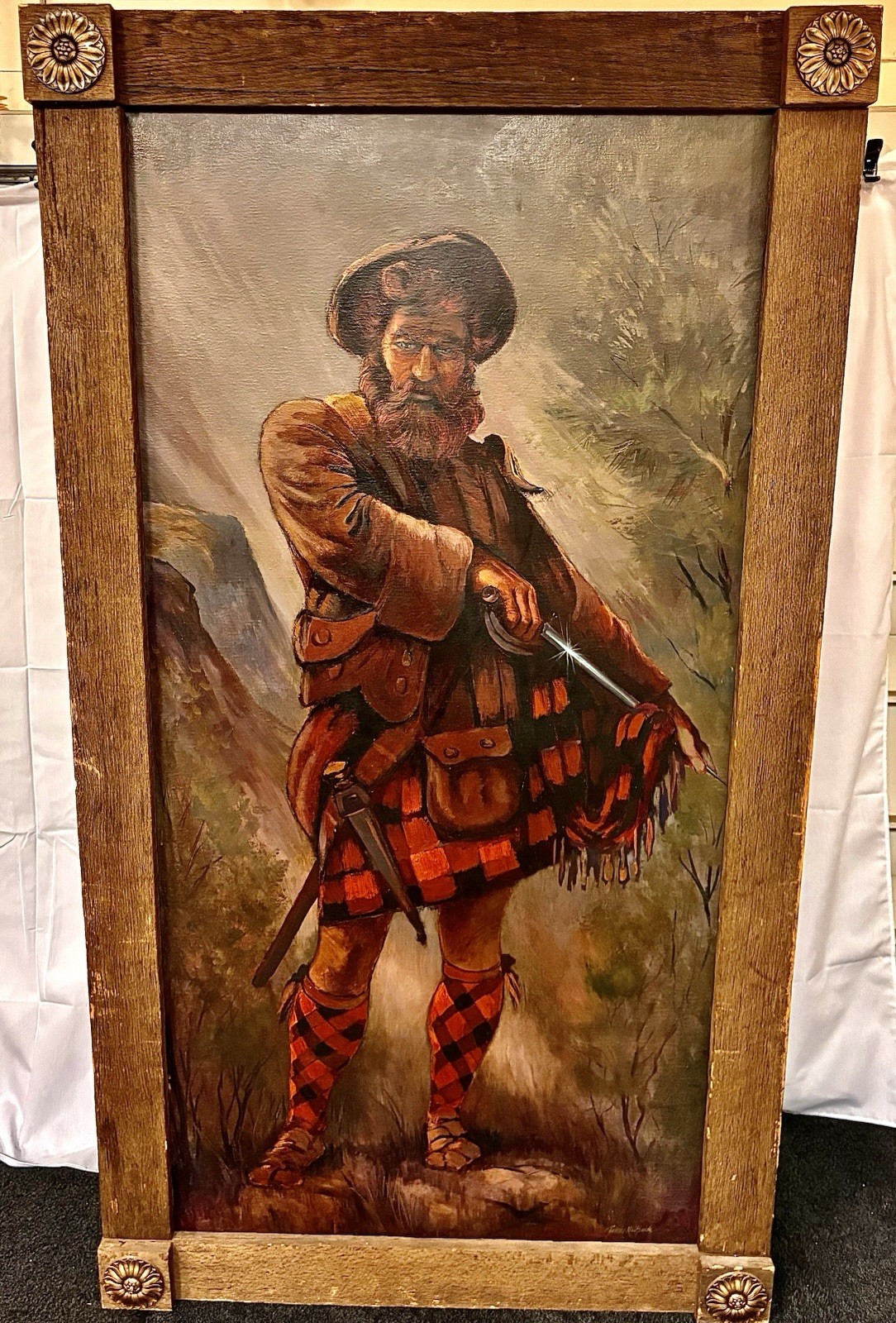 Scottish Highlander Warrior Oil Panting James MacBride Framed Vintage 81 X 45