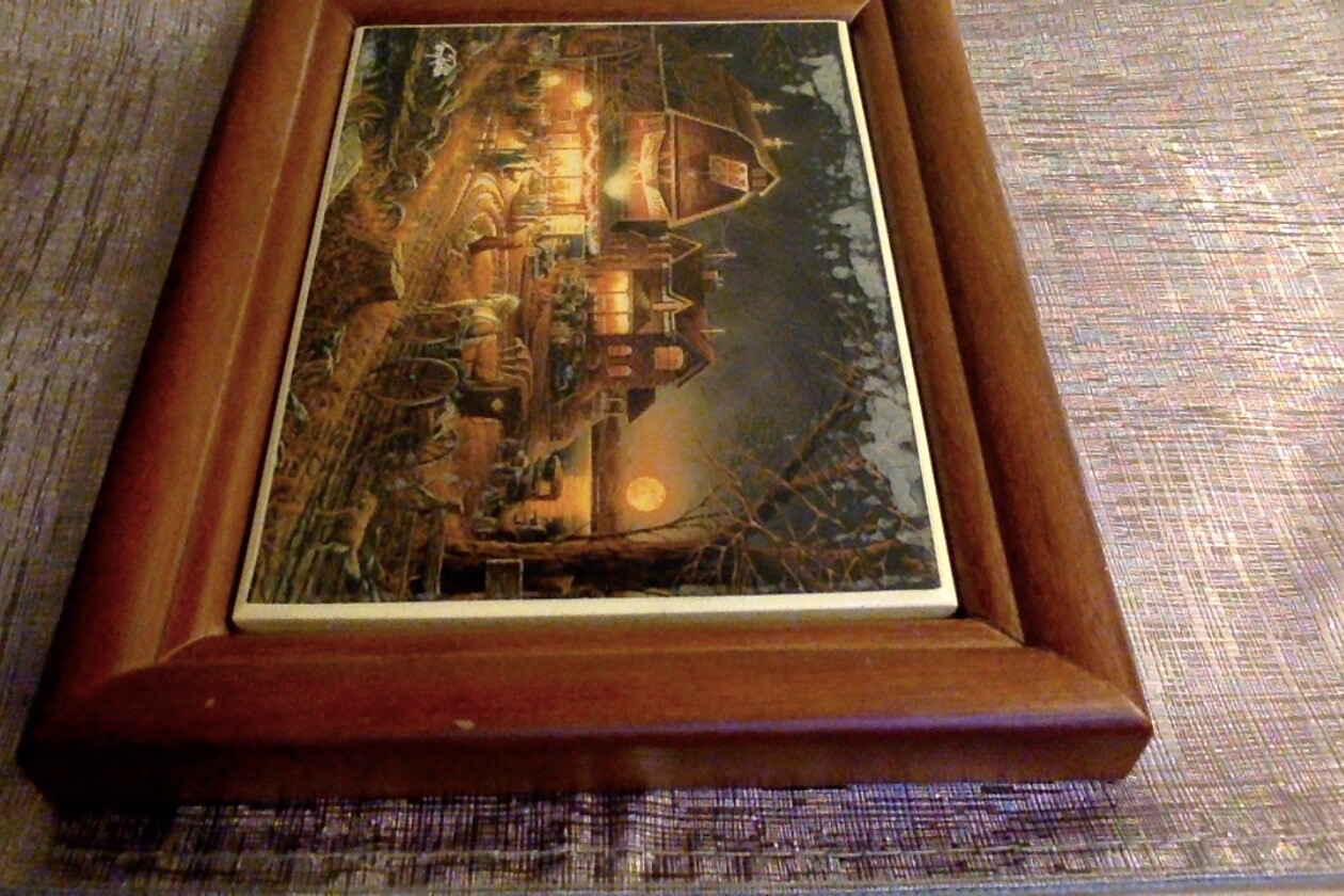 Terry Redlin Hand Painting On Porcelain ‘Harvest Moon Ball In Dark Wooden Frame