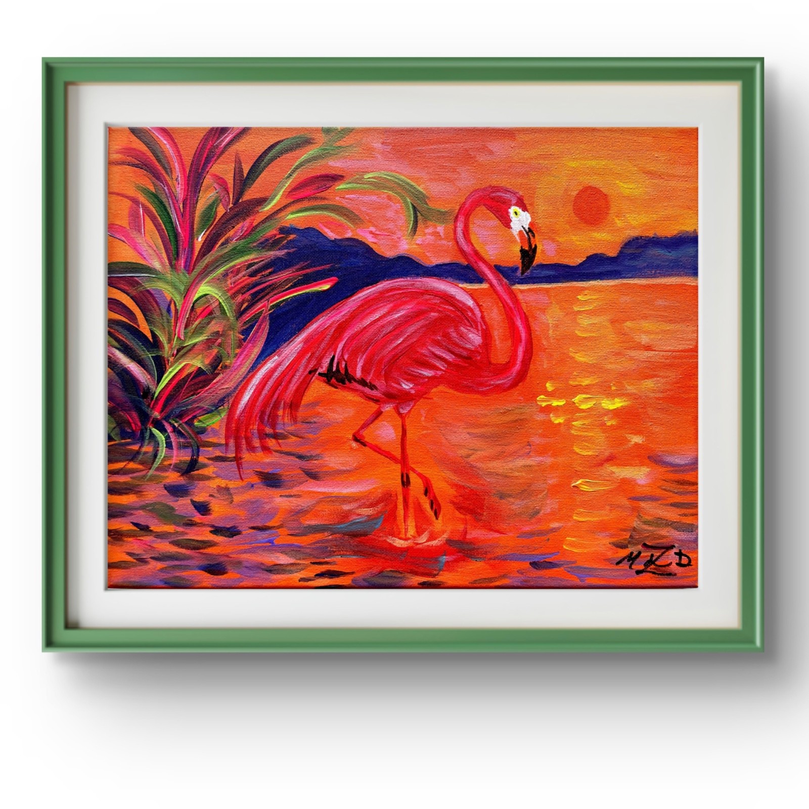 Original 11×14 Signed Pink Flamingo at Sunset Colorful Art Decor