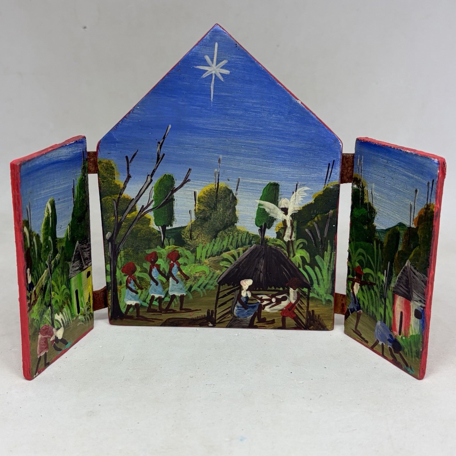 Vintage Haitian Folk Art Folding Wood Triptych Nativity Painting Signed R. NOLY