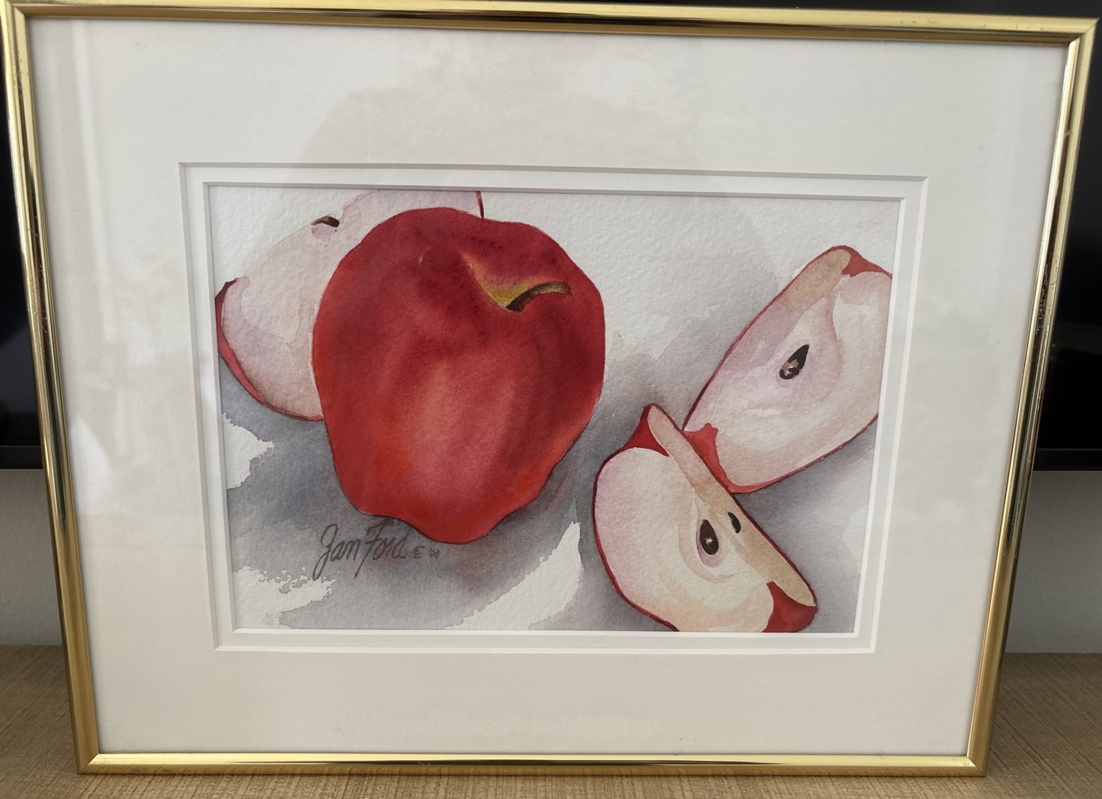 Jan Ford Watercolor On Paper Matted Framed Apples Signed ‘00 11×14 Frame Read