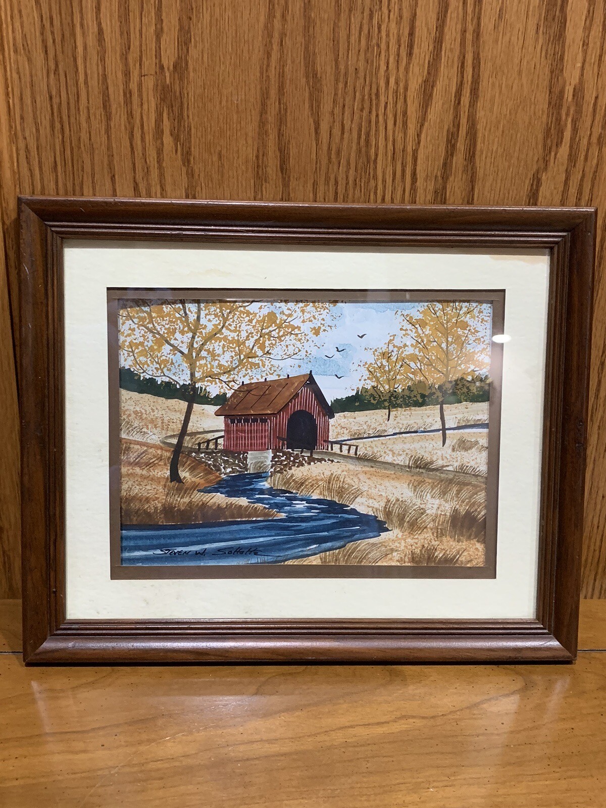 Beautiful Vintage Original Steven W. Schultz Watercolor Covered Bridge Painting