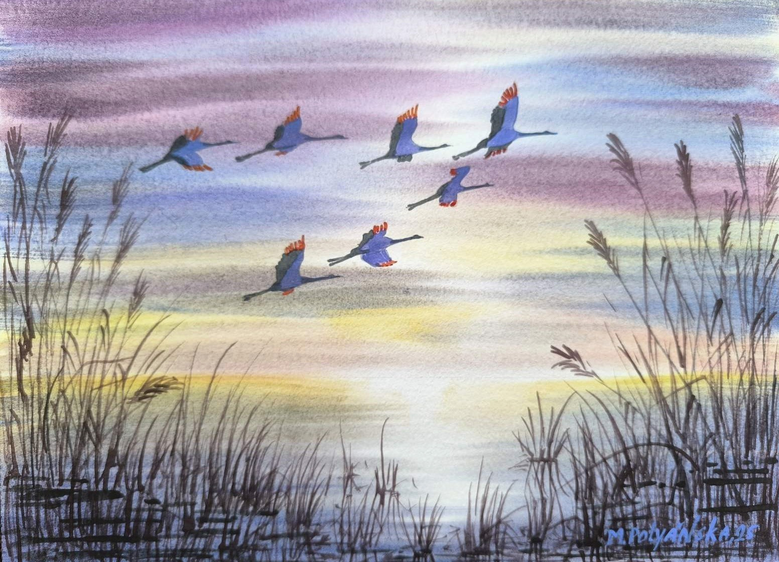 BIRDS BLUE HERON CLOUDY SKY Original Arts Painting Landscape CRANES Seascape A4