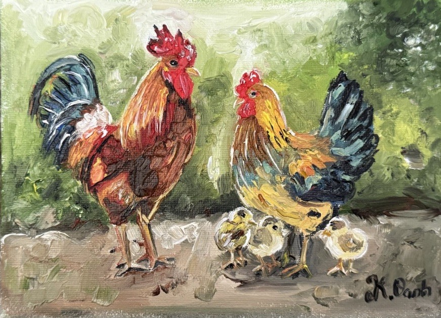 ORIGINAL OIL PAINTING ROOSTER HEN IN THE GARDEN LANDSCAPE SIGNED 5×7