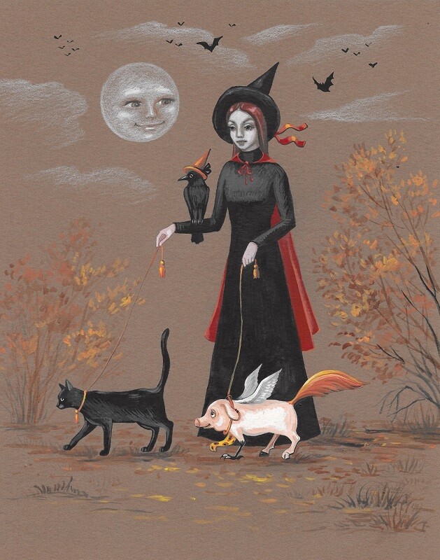 11X14 PRINT OF PAINTING RYTA HALLOWEEN BLACK CAT WITCH Salem Folk Art farm crow