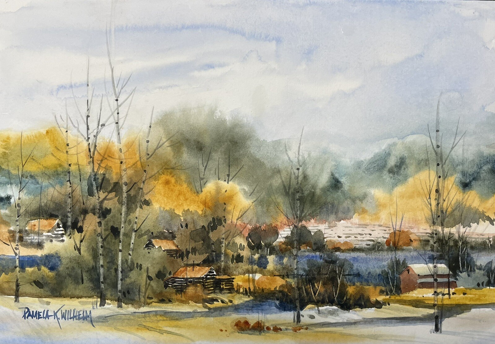 7X10” Original Watercolor Pamela Wilhelm Birch Trees Lake Village Cabins