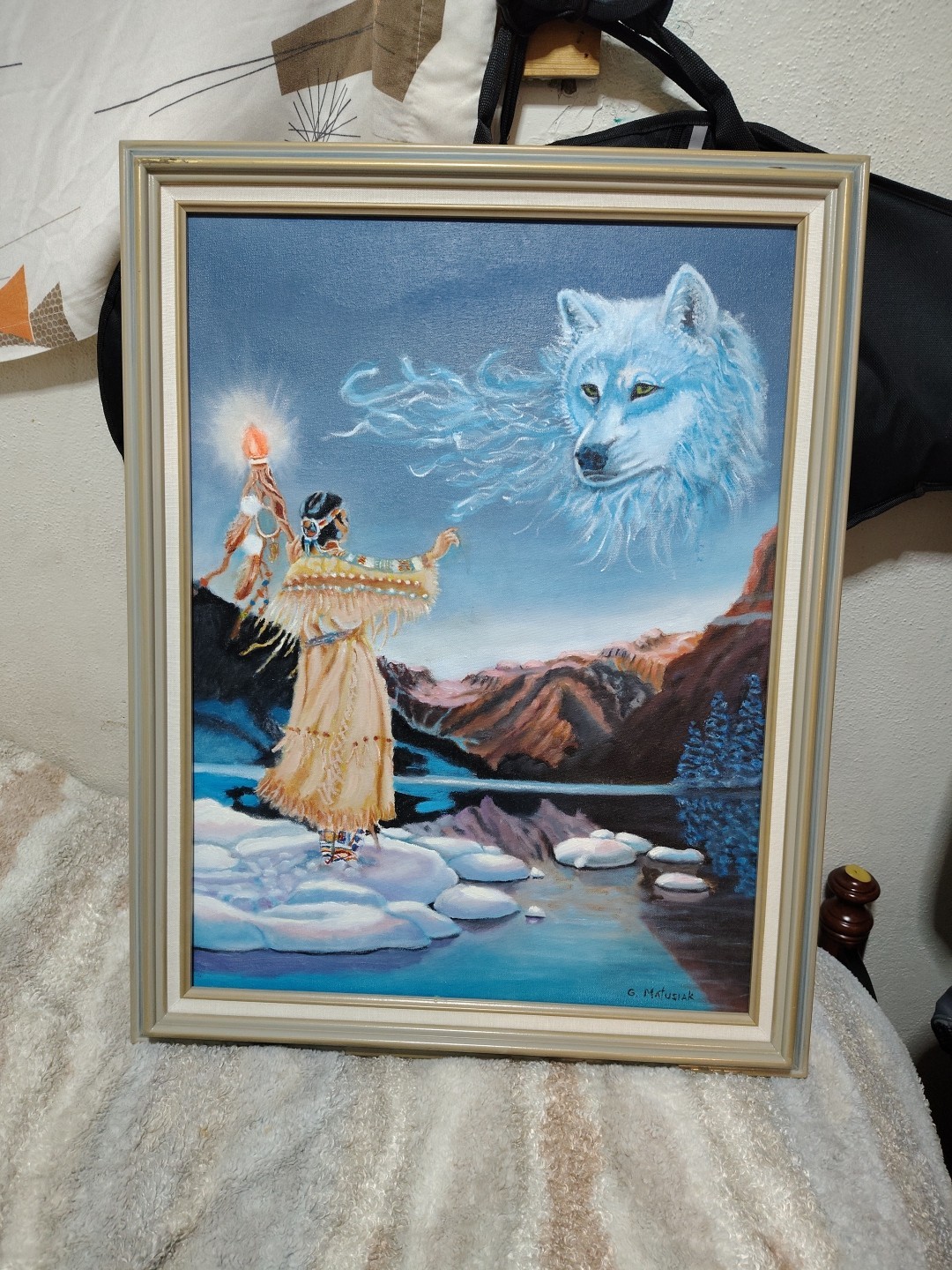 «Wolf Whisperer» by G Matusiak Painting (Mint) 21×27in Native American Artwork