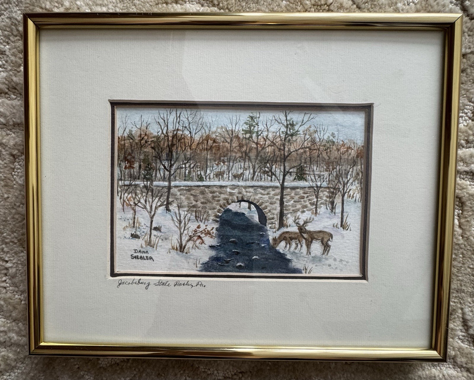 Original Watercolor Art Deer Landscape Winter Scene Rustic Cabin Framed Signed