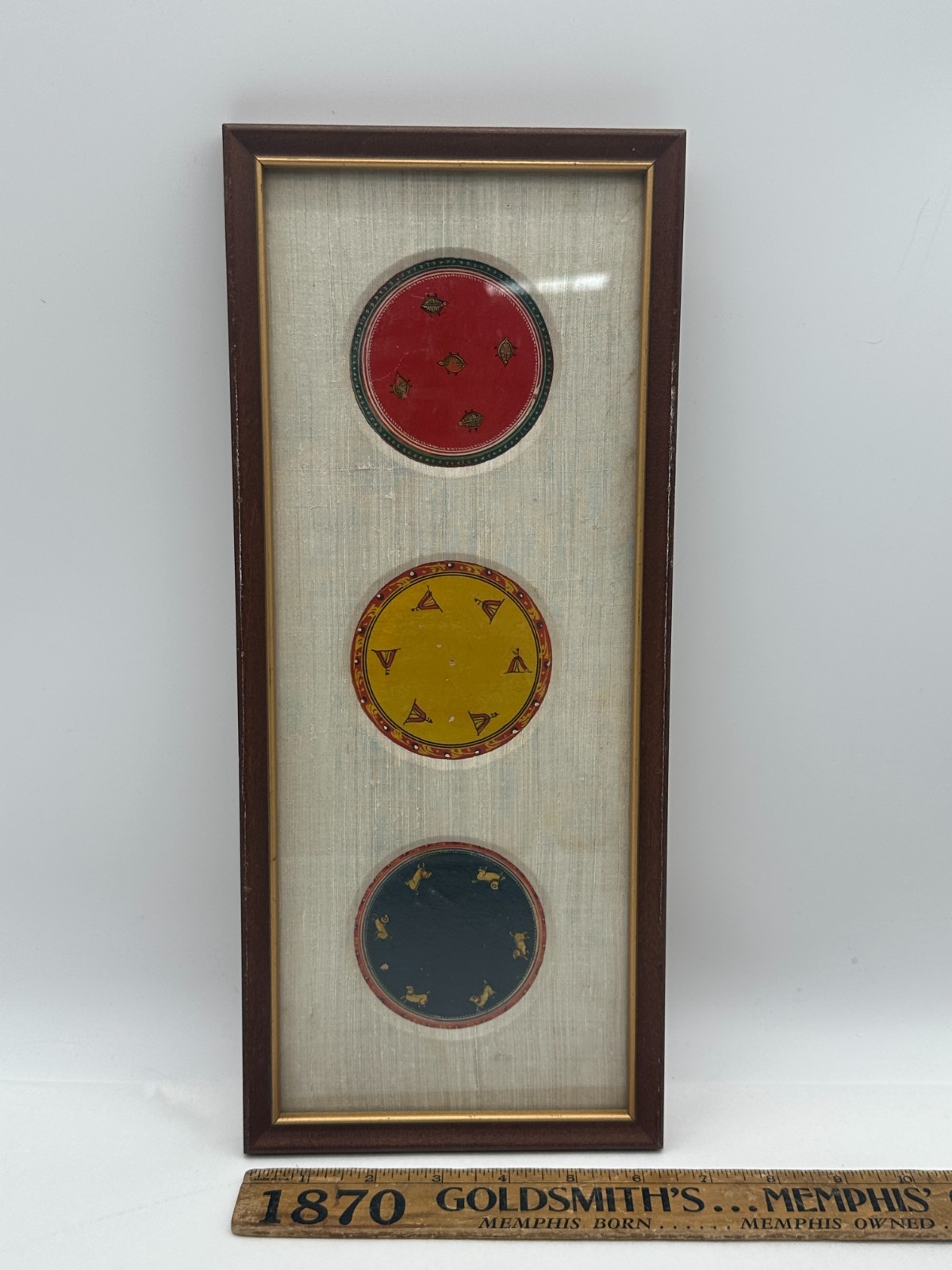 Framed Vintage Indian Ganjifa Playing Cards Hand Painted Circular Art Turtles