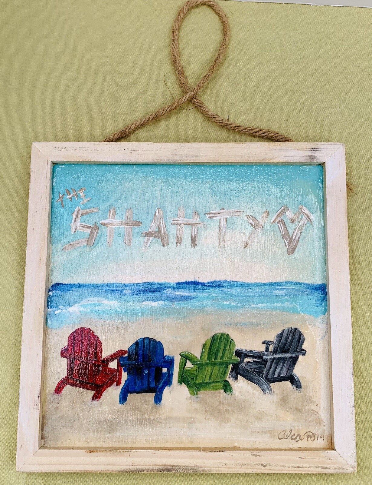 Beach Painting On Board The Shanty, Tropical Seascape, Beach Chairs Seashore