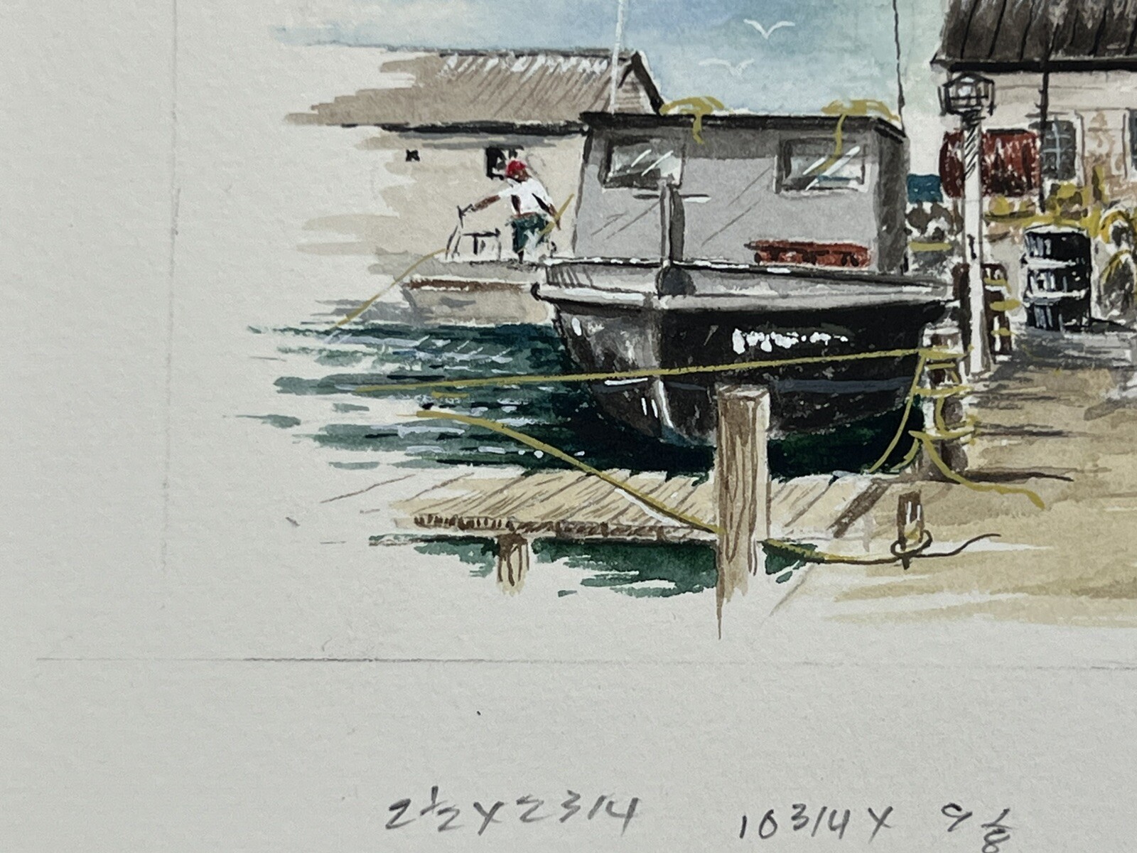 Watercolor Painting Fishing Boat Unloading Catch At Harbor 4×6″ Fine Art Davel