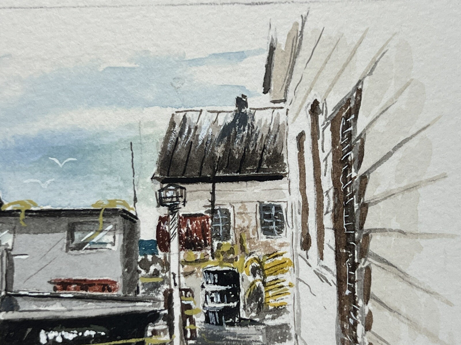Watercolor Painting Fishing Boat Unloading Catch At Harbor 4×6″ Fine Art Davel