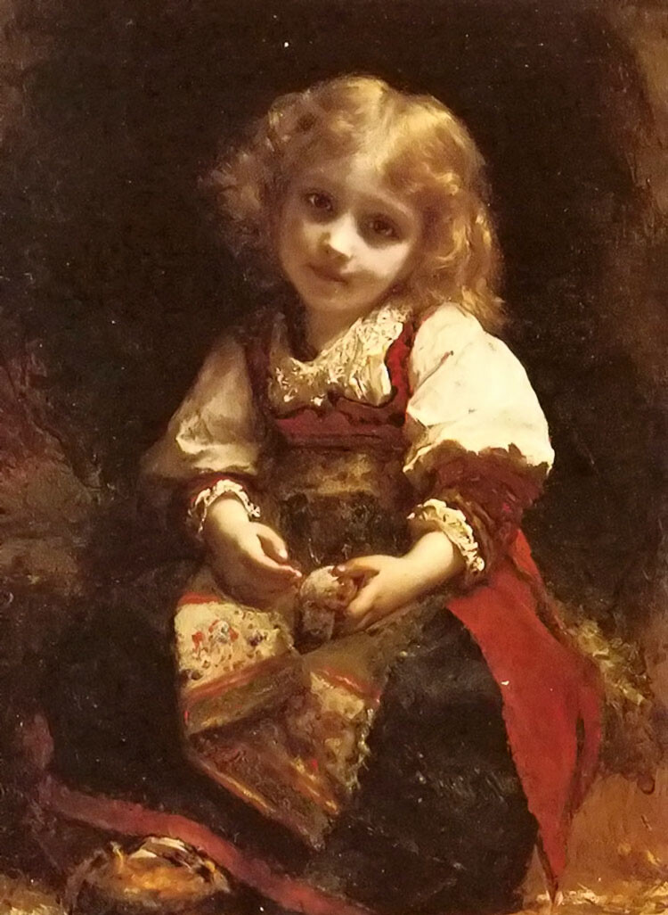 Oil painting Etienne Adolphe Piot – a little girl holding a bird hand painted