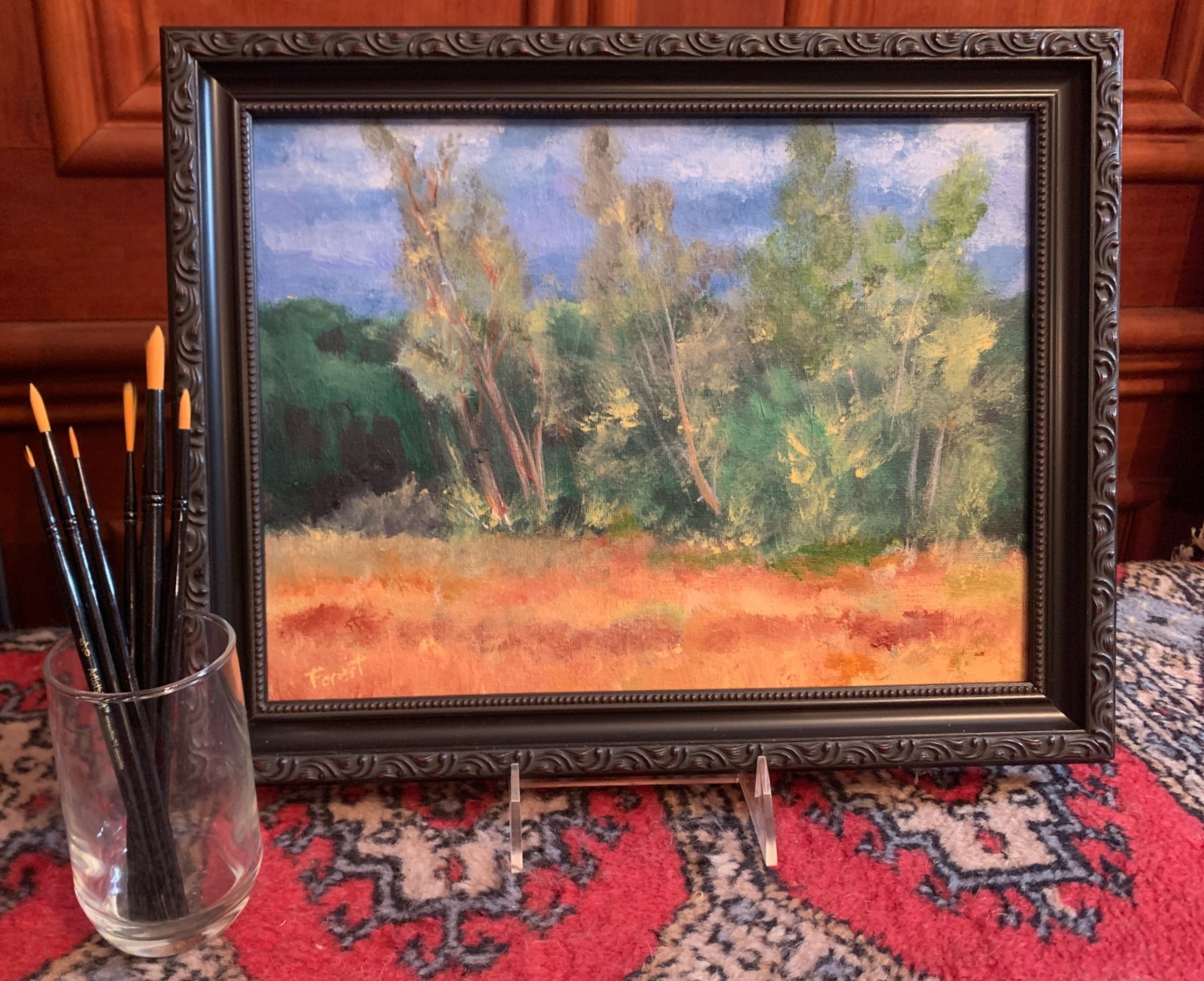 Valley Birches- Tree Landscape Field Original Framed 9×12 Acrylic Painting