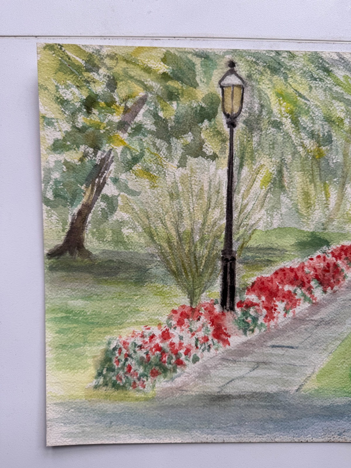 Vintage Watercolor Painting Flowers Garden Path Americana Landscape 13 x 10 OOAK