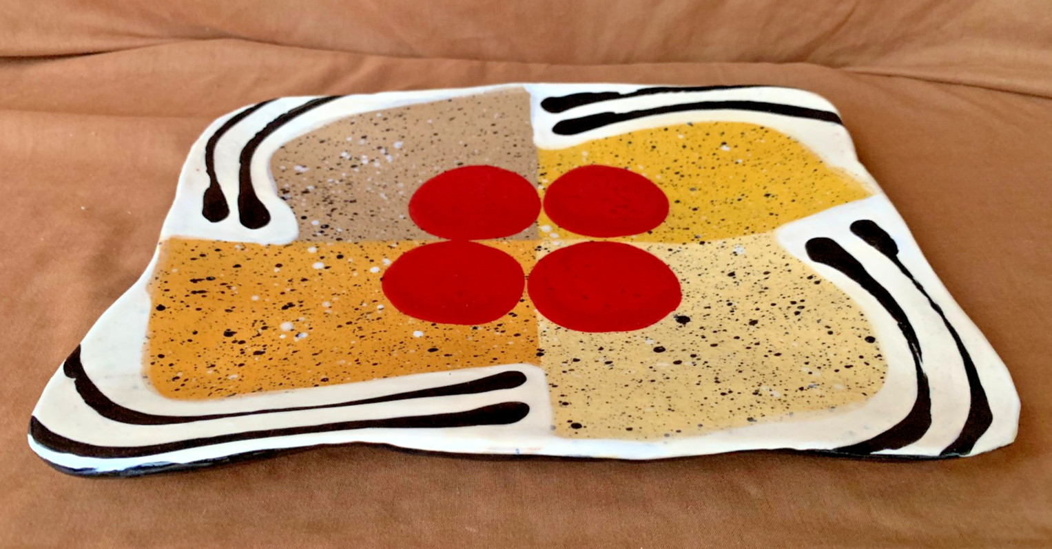 Listed Artist Jack Charney Mid Century Ceramic Tray Geometric Red Dots Ex Cond