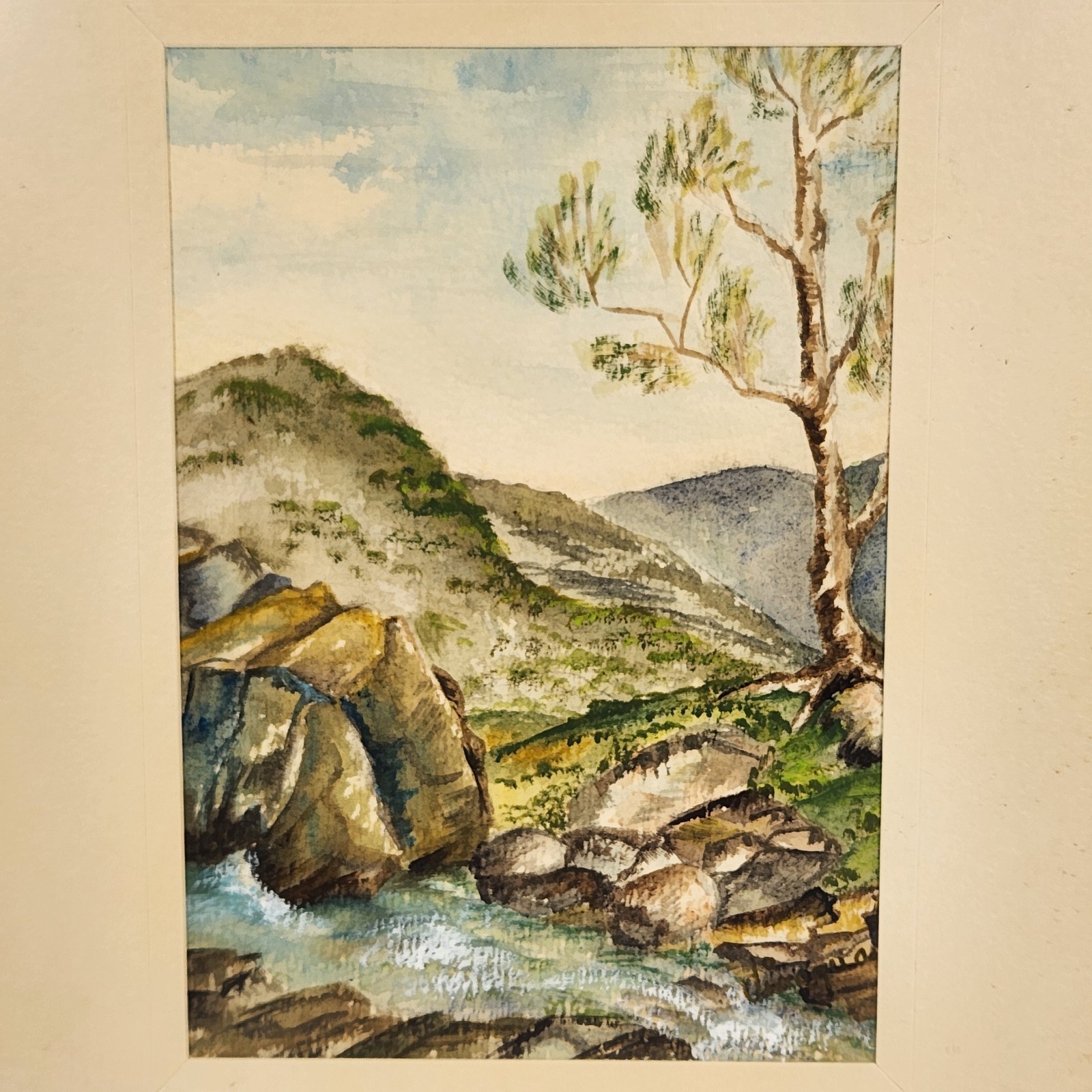 VTG Watercolor Art Landscape Rocky Riverbank Mountains Tree Nature Cottage 11″
