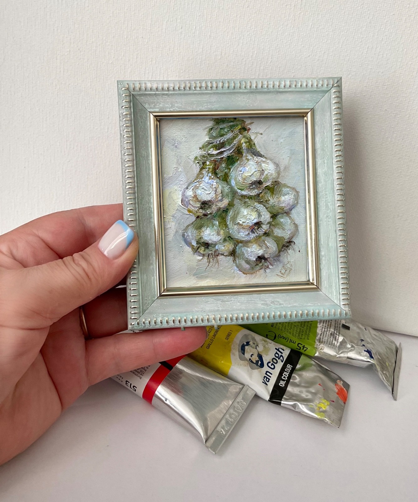 Original Oil Painting Garlic Still Life Impasto Mini Art 3×2.5 in Signed OS