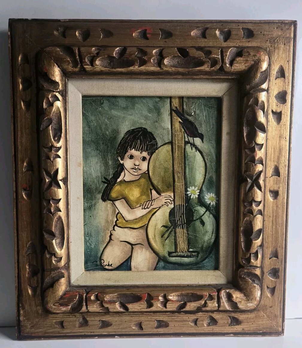 S. PARKS MID-CENTURY VINTAGE OIL ACRYLIC FRAMED PAINTING LITTLE GIRL BIRD GUITAR