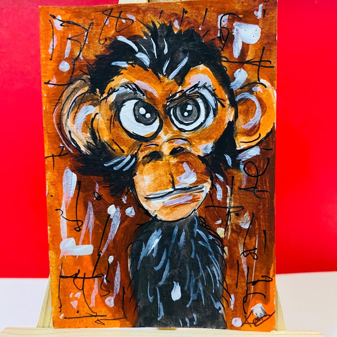 ACEO Whimsical Monkey Portrait Wide-Eyed Funny Animal Acrylic Painting Art Card