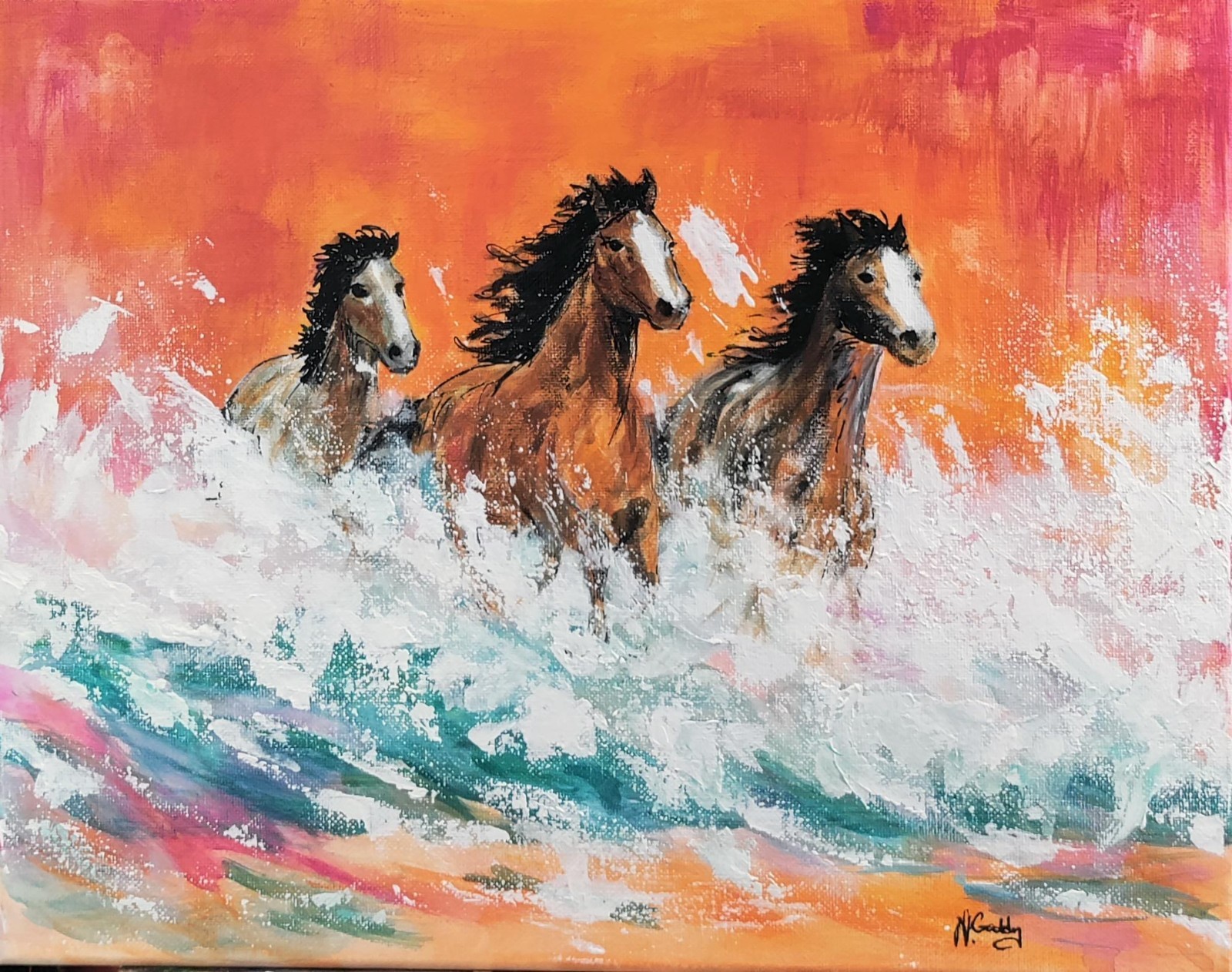 Original Abstract Expressionist 14 x 11 Wild Horses Acrylic Canvas Painting