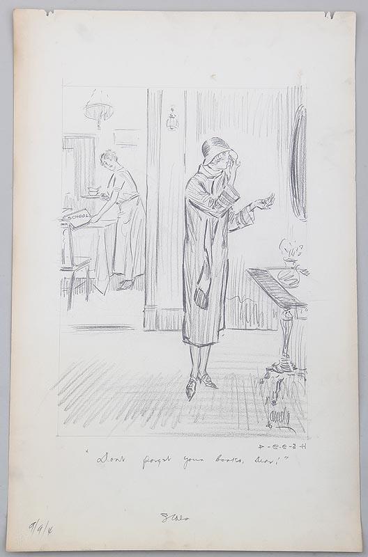 HARRY C. TEMPLE, «Don’t forget your books, Dear» Illustration signed 1940s humor