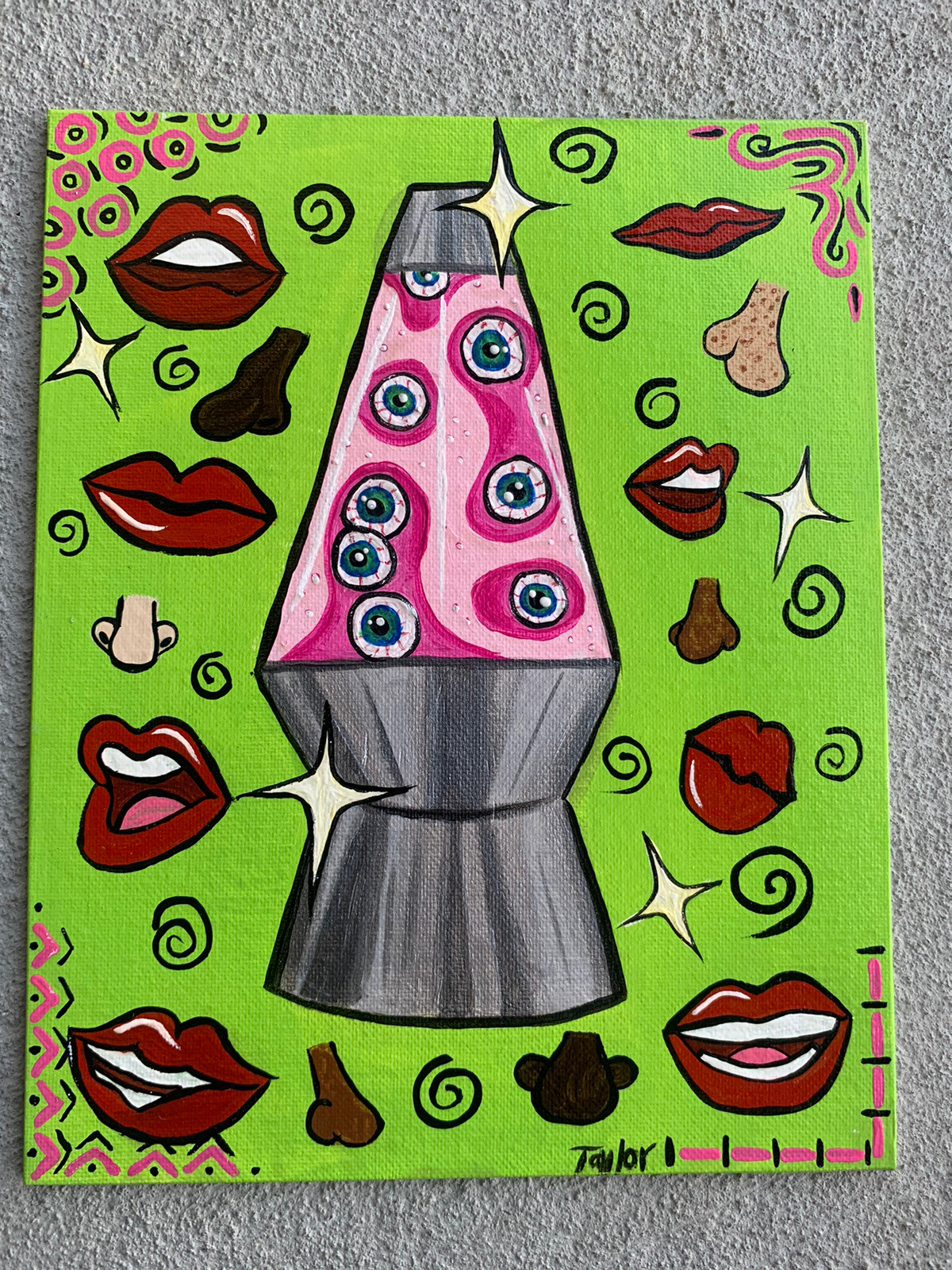 painting on canvas original 8×10 lava lamp eyeballs lips nose pink green decor